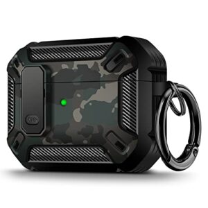 youskin airpod pro 2nd generation case secure lock clip case,carbon fiber military armor series full-body rugged hard shell airpod pro 2 case for men women with keychain,green camo