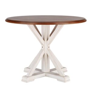 maklaine transitional farmhouse round dining table in brown and white