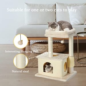 MECOOL Cat Tree,Scratching Posts with Condos Cats Tower Beds and Dangling Ball Toys,Massage Brush 5in1 Multi-Purpose for Indoor Kittens and Cats(Beige)