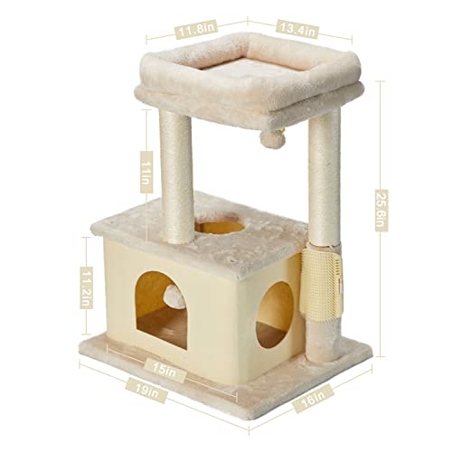 MECOOL Cat Tree,Scratching Posts with Condos Cats Tower Beds and Dangling Ball Toys,Massage Brush 5in1 Multi-Purpose for Indoor Kittens and Cats(Beige)