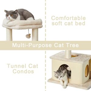 MECOOL Cat Tree,Scratching Posts with Condos Cats Tower Beds and Dangling Ball Toys,Massage Brush 5in1 Multi-Purpose for Indoor Kittens and Cats(Beige)