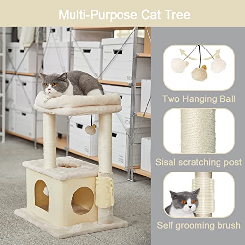 MECOOL Cat Tree,Scratching Posts with Condos Cats Tower Beds and Dangling Ball Toys,Massage Brush 5in1 Multi-Purpose for Indoor Kittens and Cats(Beige)