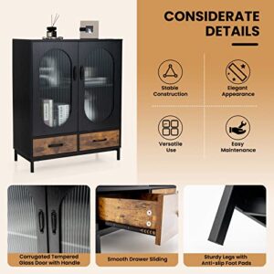 Giantex Buffet Cabinet with 2 Drawers, Wooden Sideboard, Standing 2-Tier Cupboard w/Tempered Glass Doors, Industrial Multifunctional Storage Cabinet for Kitchen Living Room Coffee Bar (Black & Brown)