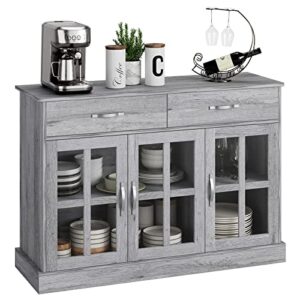 fotosok sideboard buffet cabinet with glass doors, buffet sideboard kitchen sideboard cabinet buffet table with 2 storage drawers & shelves for dining living room, gray oak