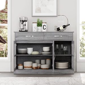 FOTOSOK Sideboard Buffet Cabinet with Glass Doors, Buffet Sideboard Kitchen Sideboard Cabinet Buffet Table with 2 Storage Drawers & Shelves for Dining Living Room, Gray Oak