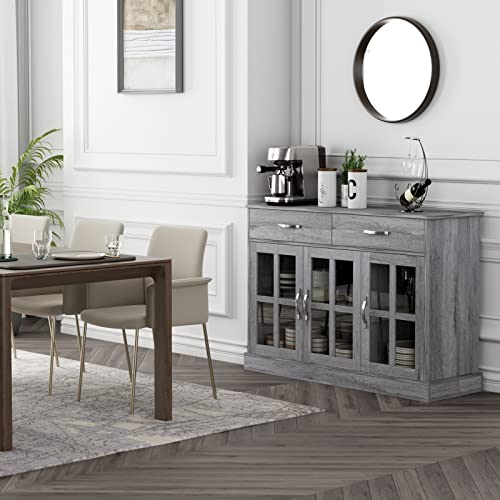 FOTOSOK Sideboard Buffet Cabinet with Glass Doors, Buffet Sideboard Kitchen Sideboard Cabinet Buffet Table with 2 Storage Drawers & Shelves for Dining Living Room, Gray Oak