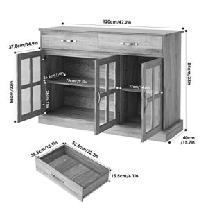 FOTOSOK Sideboard Buffet Cabinet with Glass Doors, Buffet Sideboard Kitchen Sideboard Cabinet Buffet Table with 2 Storage Drawers & Shelves for Dining Living Room, Gray Oak