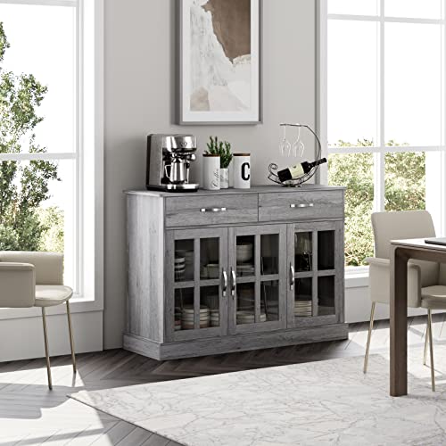 FOTOSOK Sideboard Buffet Cabinet with Glass Doors, Buffet Sideboard Kitchen Sideboard Cabinet Buffet Table with 2 Storage Drawers & Shelves for Dining Living Room, Gray Oak