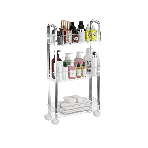 TESOIN Slim Rolling Storage Cart, 3 Tier Mobile Multipurpose Kitchen Shelf Organization Slide Out Narrow Cart, Great for Kitchen Bathroom Warehouse and More Laundry Narrow Places （Clear）