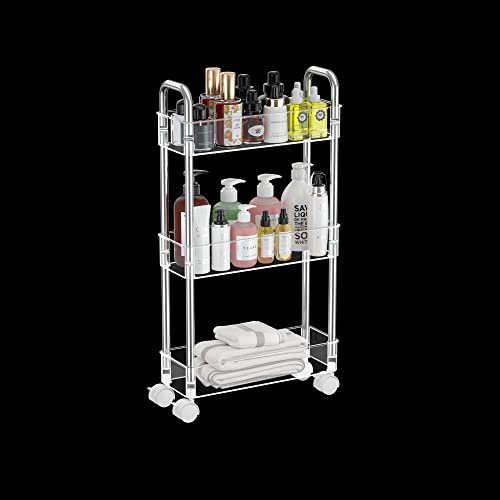 TESOIN Slim Rolling Storage Cart, 3 Tier Mobile Multipurpose Kitchen Shelf Organization Slide Out Narrow Cart, Great for Kitchen Bathroom Warehouse and More Laundry Narrow Places （Clear）