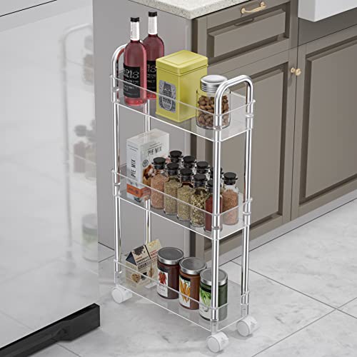 TESOIN Slim Rolling Storage Cart, 3 Tier Mobile Multipurpose Kitchen Shelf Organization Slide Out Narrow Cart, Great for Kitchen Bathroom Warehouse and More Laundry Narrow Places （Clear）