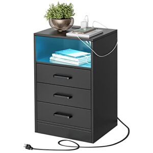 fotosok nightstand with charging station and led lights, black nightstand for bedroom with usb ports & power outlets, wooden end side table with 3 drawers and open storage, black