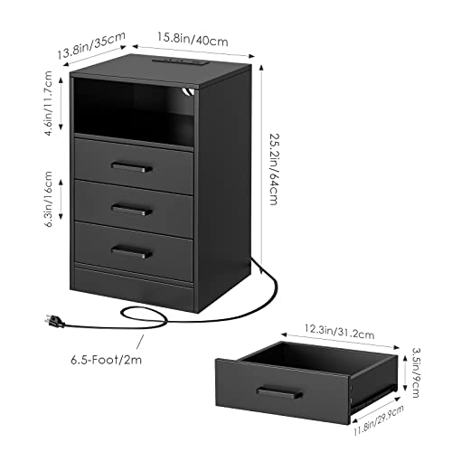 FOTOSOK Nightstand with Charging Station and LED Lights, Black Nightstand for Bedroom with USB Ports & Power Outlets, Wooden End Side Table with 3 Drawers and Open Storage, Black