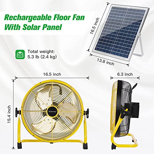 blessny 14 Inch Rechargeable Floor Fan Solar Powered, 15000mAh battery Portable Cordless Floor Fan with 12 Speeds Metal Blades for Outdoor, Camping, BBQ, Fishing