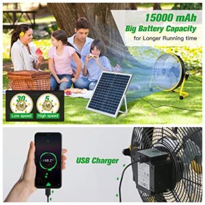 blessny 14 Inch Rechargeable Floor Fan Solar Powered, 15000mAh battery Portable Cordless Floor Fan with 12 Speeds Metal Blades for Outdoor, Camping, BBQ, Fishing