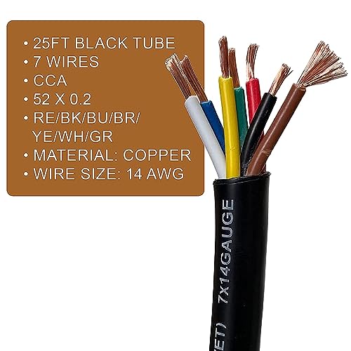 12vMax Electronics 14 Gauge 7 Way Conductor Extension RV Trailer Wire Cable Wiring Insulated - 25 Feet 14/7, CCA Copper Clad Aluminum