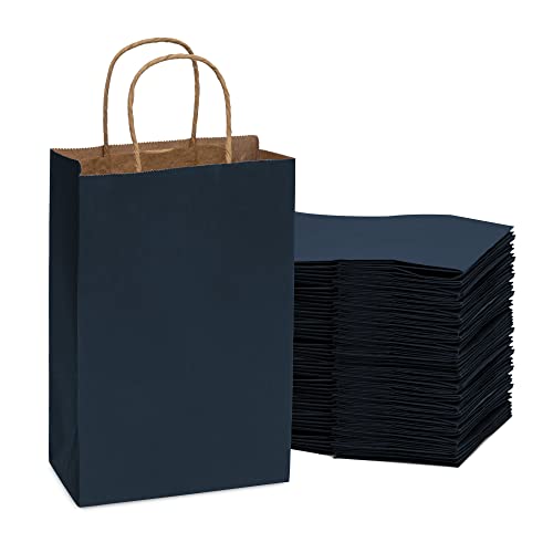 Blue Gift Bags with Handles - 6x3x9 Inch 50 Pack Medium Navy Blue Gift Bags with Handles, Colored Kraft Paper Shopping Totes for Gift Wrapping, Wedding & Event Guests, Small Business, Retail, in Bulk