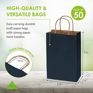 Blue Gift Bags with Handles - 6x3x9 Inch 50 Pack Medium Navy Blue Gift Bags with Handles, Colored Kraft Paper Shopping Totes for Gift Wrapping, Wedding & Event Guests, Small Business, Retail, in Bulk