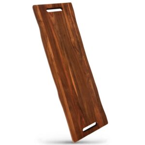 large acacia serving board with handles, 36 x 12 inch rectangular charcuterie platter, natural wood server for meat, cheese board, and party appetizers, extra long 3ft