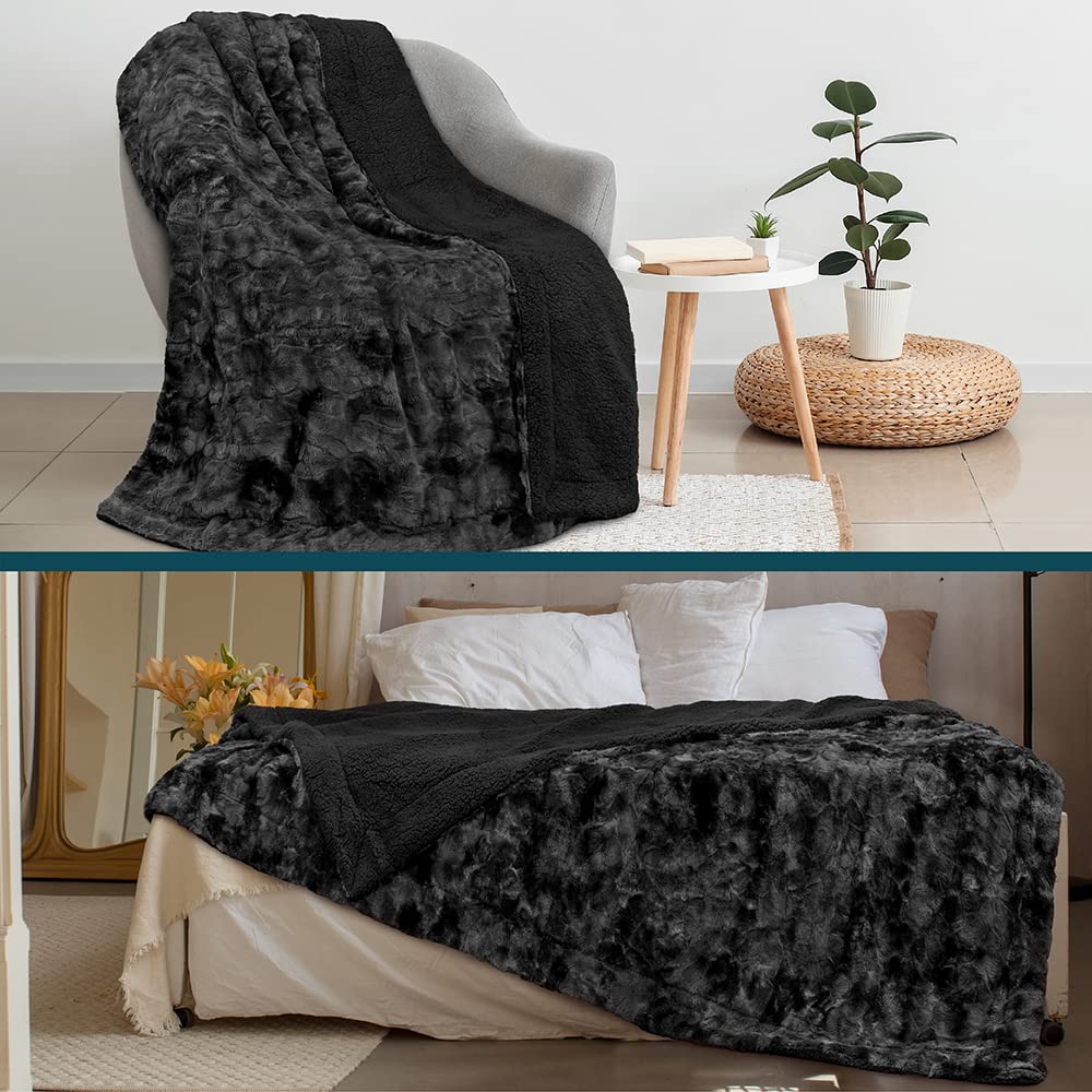 PAVILIA Faux Fur King Bed Blanket Tie-Dye Black, Soft Fuzzy Warm Sherpa Blanket for Bed, Fluffy Plush Thick Fleece Throw Blanket for Couch Sofa, Reversible Furry Shaggy Large Blanket, Black 90x108