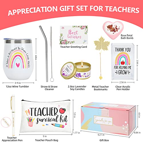 Teacher Appreciation Gifts Basket With Pouch Bag, Bookmarks, Pen Holder, Pen, Candle, Bath Bomb, 12oz Wine Tumbler for Women, Christmas / Back to School Gifts