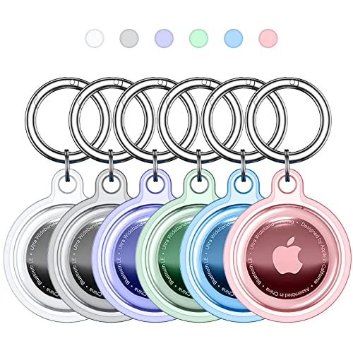 Adorve Airtag Holder, Waterproof Airtag Keychain, Apple Air Tag Case, 6 Pack Protective Airrtag Tracker Case with Key Ring for Dog Collar, Luggage, Keys, Kids, Clear/Pink/Purple/Blue/Gray/Pine Green