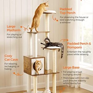 Feandrea WoodyWonders Cat Tree, 65-Inch Modern Cat Tower for Indoor Cats, Multi-Level Cat Condo with 5 Scratching Posts, Perch, Washable Removable Cushions, Cat Furniture, Rustic Brown UPCT166X01