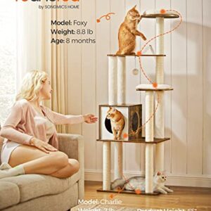 Feandrea WoodyWonders Cat Tree, 65-Inch Modern Cat Tower for Indoor Cats, Multi-Level Cat Condo with 5 Scratching Posts, Perch, Washable Removable Cushions, Cat Furniture, Rustic Brown UPCT166X01