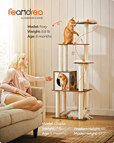 Feandrea WoodyWonders Cat Tree, 65-Inch Modern Cat Tower for Indoor Cats, Multi-Level Cat Condo with 5 Scratching Posts, Perch, Washable Removable Cushions, Cat Furniture, Rustic Brown UPCT166X01