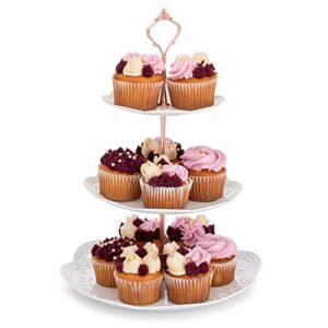 asherkeep 3 tier cupcake stand - dessert table display set, tiered serving cake tray, white embossed dessert stand, parties serving plate, decorative centerpiece to any occasion - (round)
