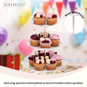 AsherKeep 3 Tier Cupcake Stand - Dessert Table Display Set, Tiered Serving Cake Tray, White Embossed Dessert Stand, Parties Serving Plate, Decorative Centerpiece to Any Occasion - (Round)