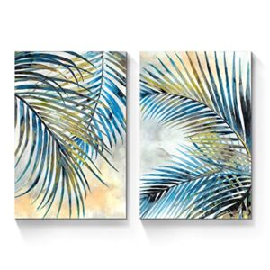 sunflax palm tree canvas wall art: tropical leaves picture nature modern botanical artwork abstract plant print teal watercolor painting for living room bathroom bedroom