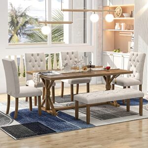 lz leisure zone dining table set for 6, kitchen table sets, 6-piece farmhouse dining table set, 72" wood rectangular table, 4 upholstered chairs with bench, walnut