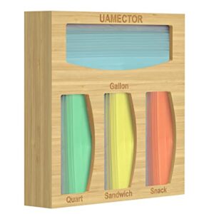 uamector bamboo ziplock bag organizer for drawer, food bags dispenser plastic bags holder for kitchen, hanging baggie container for gallon quart sandwich or snack bag trash bags