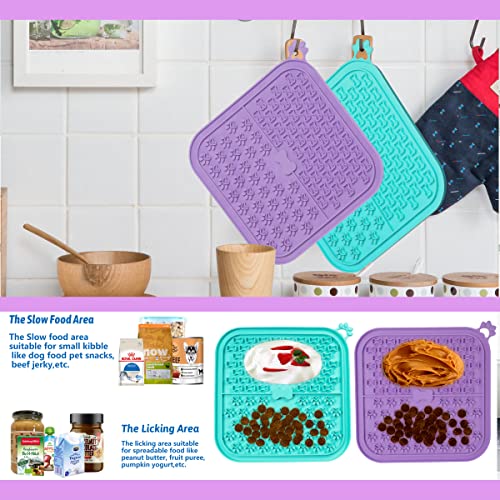 Lick Mat for Dogs 2 Pack Non-Slip Slow Feeders Licking Mat with Suction Cups for Anxiety Relief Include One Spatula for Scooping Out Dog Treat&Cat Food (Purple&Cyan)