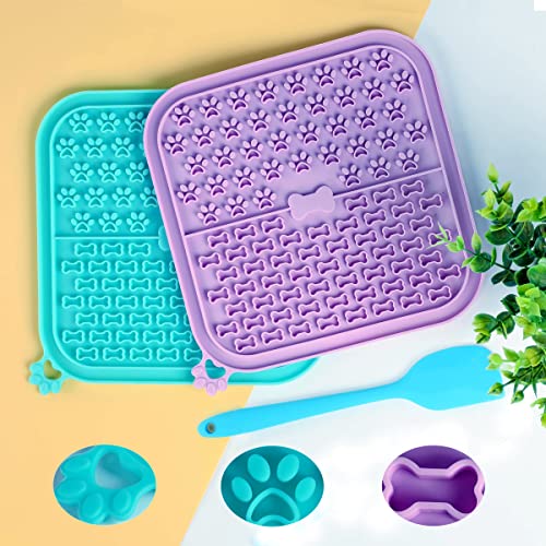 Lick Mat for Dogs 2 Pack Non-Slip Slow Feeders Licking Mat with Suction Cups for Anxiety Relief Include One Spatula for Scooping Out Dog Treat&Cat Food (Purple&Cyan)