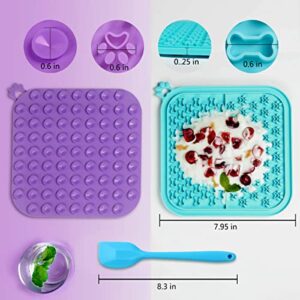 Lick Mat for Dogs 2 Pack Non-Slip Slow Feeders Licking Mat with Suction Cups for Anxiety Relief Include One Spatula for Scooping Out Dog Treat&Cat Food (Purple&Cyan)