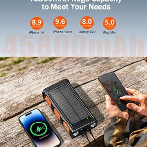 GOODaaa Power Bank Wireless Charger 45800mAh Built in Hand Crank and 4 Cables 15W Fast Charging Power Bank 7 Outputs & 4 Inputs Solar Portable Charger, SOS/Strobe/Strong Flashlights, Compass (Orange)