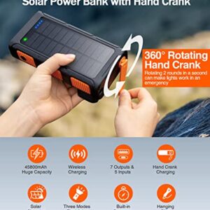GOODaaa Power Bank Wireless Charger 45800mAh Built in Hand Crank and 4 Cables 15W Fast Charging Power Bank 7 Outputs & 4 Inputs Solar Portable Charger, SOS/Strobe/Strong Flashlights, Compass (Orange)