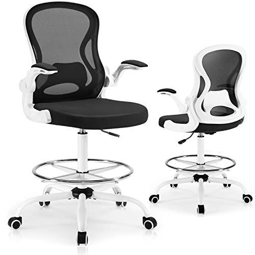 LERYAY Tall Office Chair Drafting Chair Swivel Adjustable Height Mid-Back White Standing Desk Chair with Footrest and Flip-Up Arms