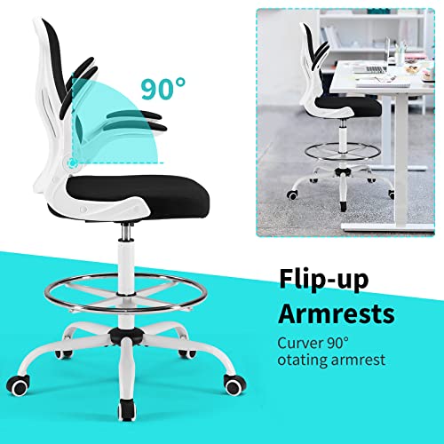 LERYAY Tall Office Chair Drafting Chair Swivel Adjustable Height Mid-Back White Standing Desk Chair with Footrest and Flip-Up Arms