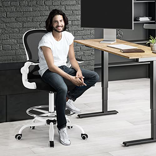 LERYAY Tall Office Chair Drafting Chair Swivel Adjustable Height Mid-Back White Standing Desk Chair with Footrest and Flip-Up Arms