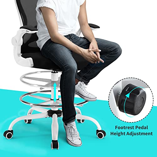 LERYAY Tall Office Chair Drafting Chair Swivel Adjustable Height Mid-Back White Standing Desk Chair with Footrest and Flip-Up Arms