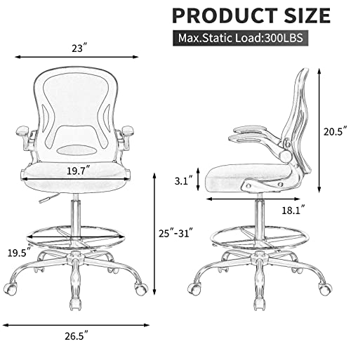 LERYAY Tall Office Chair Drafting Chair Swivel Adjustable Height Mid-Back White Standing Desk Chair with Footrest and Flip-Up Arms