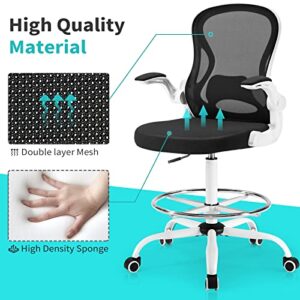 LERYAY Tall Office Chair Drafting Chair Swivel Adjustable Height Mid-Back White Standing Desk Chair with Footrest and Flip-Up Arms