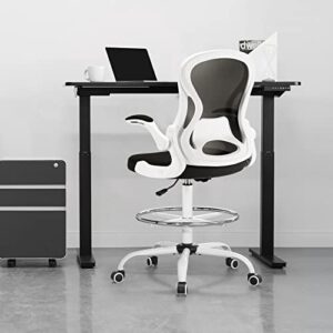 LERYAY Tall Office Chair Drafting Chair Swivel Adjustable Height Mid-Back White Standing Desk Chair with Footrest and Flip-Up Arms