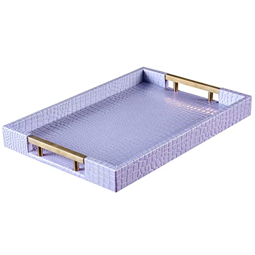 Serving Tray with Handles, 17.1”x11.8” PU Leather Ottoman Tray, Rectangle Coffee Table Tray, Modern Elegant Decorative Tray for Breakfast Tea Food Drinks Jewelry Living Room Kitchen Vanity,Purple