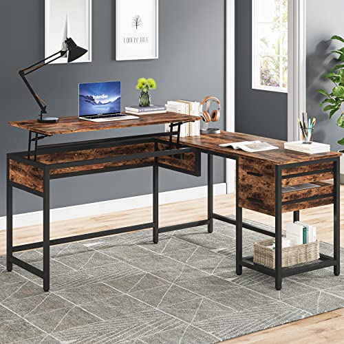 Tribesigns L Shaped Desk with Drawers, Corner Desk with Lift Top, 59 Inch Large Computer Desk, Standing Desk Height Adjustable with Storage Shelf for Home Office, Rustic Brown