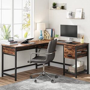 Tribesigns L Shaped Desk with Drawers, Corner Desk with Lift Top, 59 Inch Large Computer Desk, Standing Desk Height Adjustable with Storage Shelf for Home Office, Rustic Brown