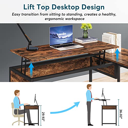 Tribesigns L Shaped Desk with Drawers, Corner Desk with Lift Top, 59 Inch Large Computer Desk, Standing Desk Height Adjustable with Storage Shelf for Home Office, Rustic Brown